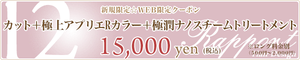 12. カット+極上アプリエRカラー+極潤ナノスチームトリートメント☆15,000円☆